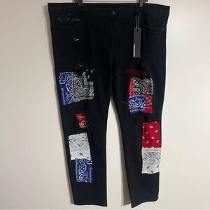 NWT Men’s Rockstar Original Ultra Slim Black Bandana Patchwork Jeans Size 44